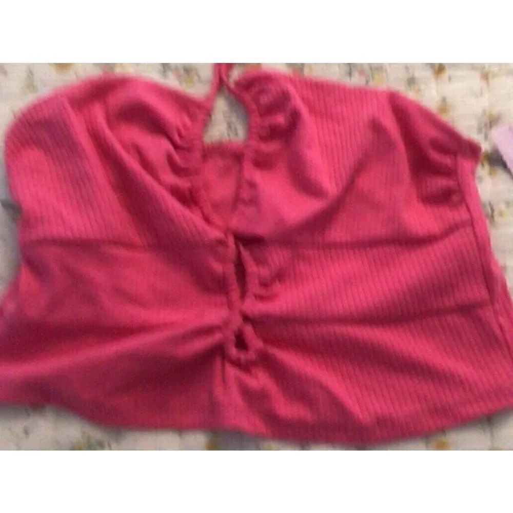 Wild Fable Women SMALL Pink Ribbed Drawstring Halter Cropped Top - NEW